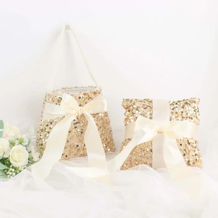 1 Set Gold Sequin Flower Girl Petal Basket and Ring Bearer Pillow Wedding SetWedding Accessories