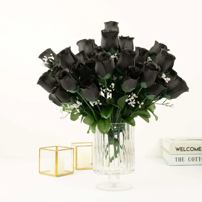 12 Bushes Black Artificial Premium Silk Flower Rose Bud BouquetsSilk Flowers
