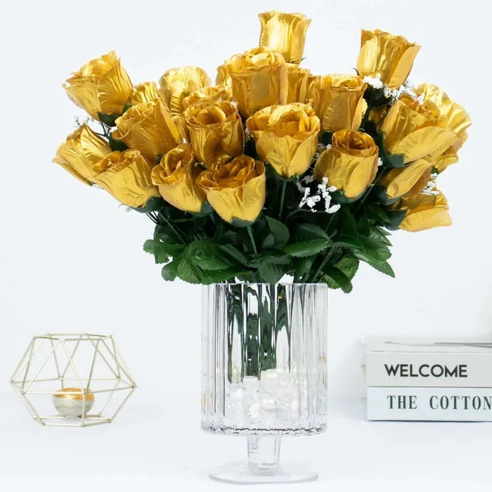 12 Bushes Gold Artificial Premium Silk Flower Rose Bud BouquetsSilk Flowers