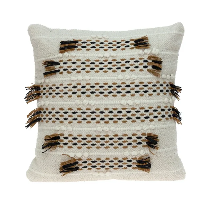 17.75″ Beige and Brown Hand Woven Square Throw Pillow