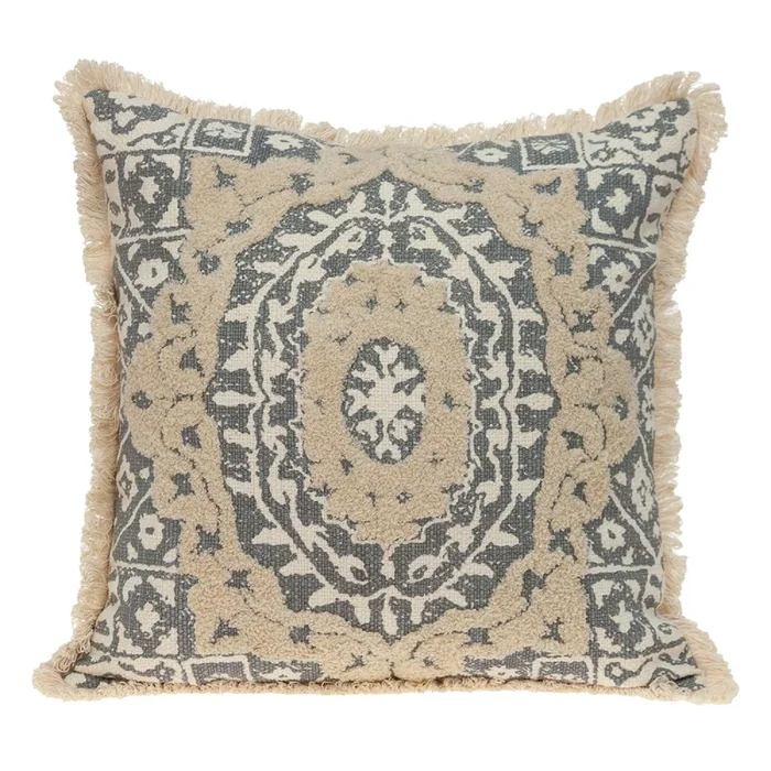 18″ Beige and Gray Embroidered Ethnic Design Throw Pillow