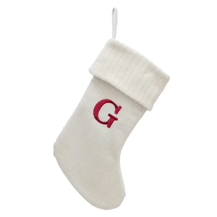 19″ White Knit Monogram Stocking, G