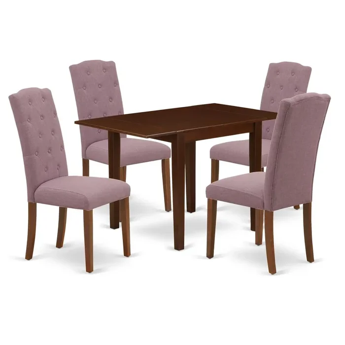 1NDCE5-MAH-10 Dining Set 5 Pc – 4 Kitchen Chairs and a Wooden Table – Mahogany Finish Solid wood – Dahlia Color Linen Fabric