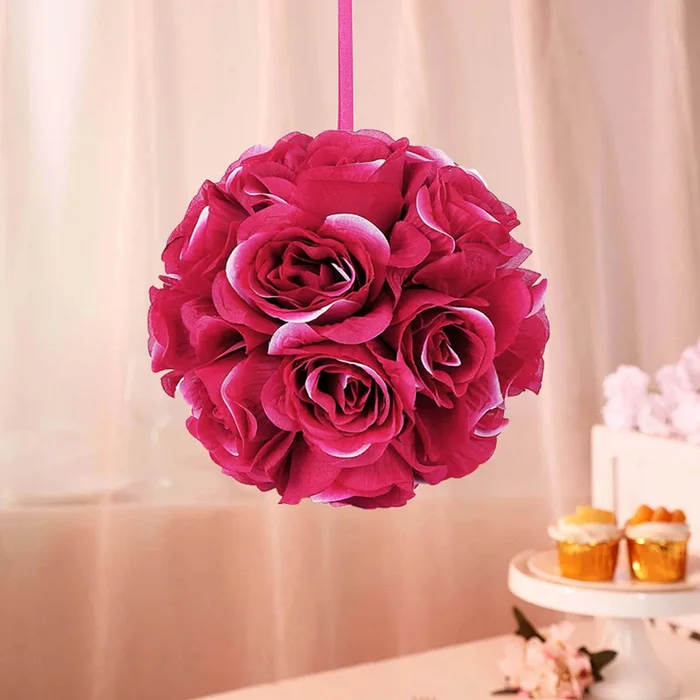 2 Pack 7″ Fuchsia Artificial Silk Rose Kissing Ball, Flower BallSilk Flowers