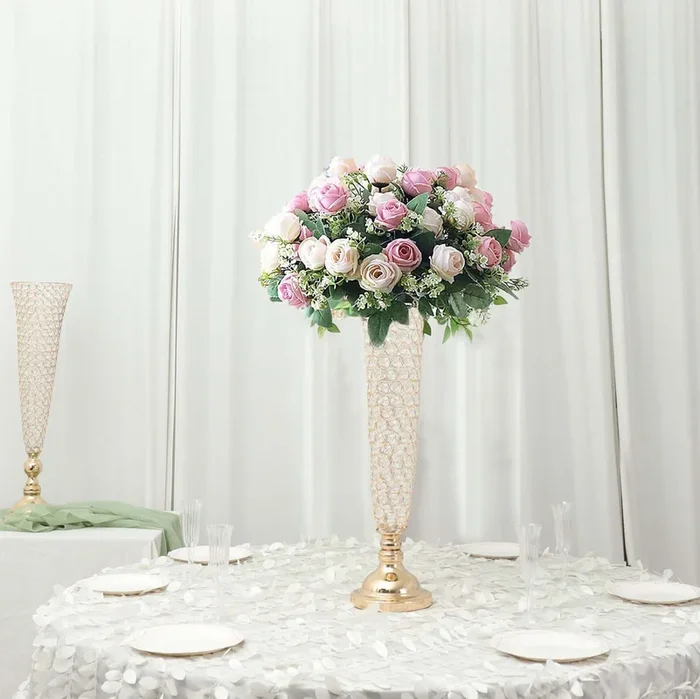 2-Pack Crystal Beaded Trumpet Vase Gold – Exquisite Floral Display Centerpiece Stand Set for Banquets & Receptions 28″ TallVases