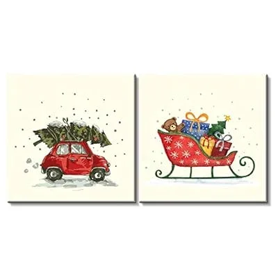 2 Panel Square Canvas Wall Art – Christmas Theme Drawing of Car Carrying a Pine Tree and a Sled of Gifts – Giclee Print Gallery Wrap Modern Home Art Ready to Hang – 12