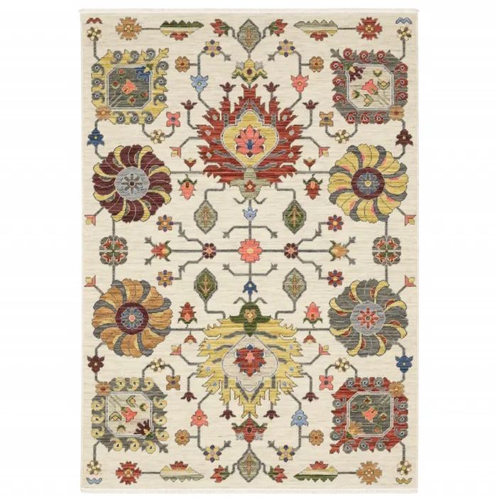 2 X 3 Ivory Yellow Rust green grey Pink Orange Blue And grey Oriental Power Loom Stain Resistant Area Rug With Fringe