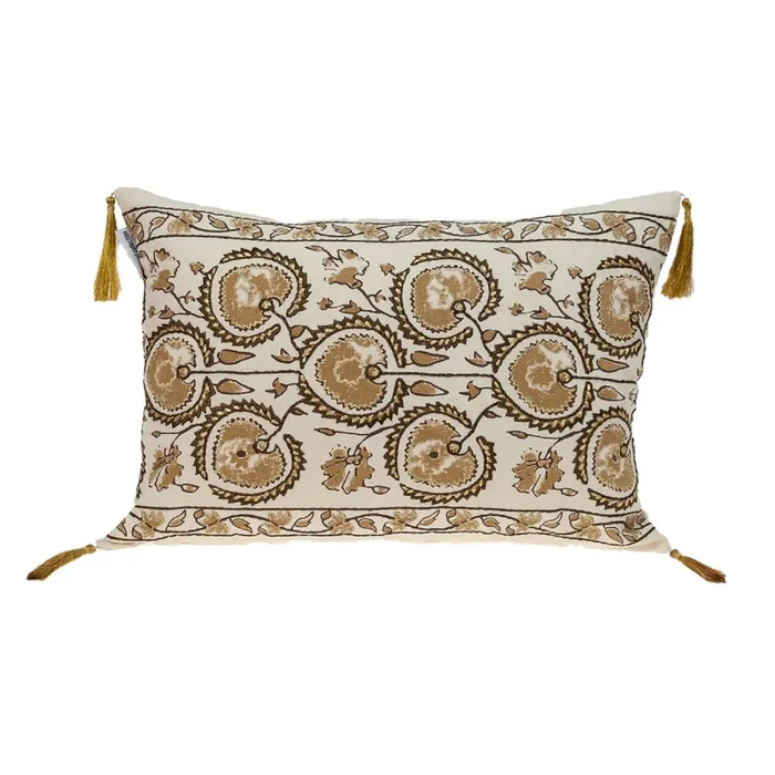 20″ Beige and Gold Embroidered Decorative Lumbar Throw Pillow