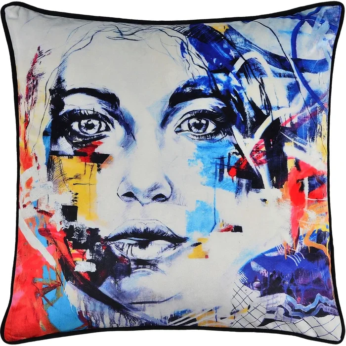20″ Black and White Face Printed Velvet Square Throw Pillow