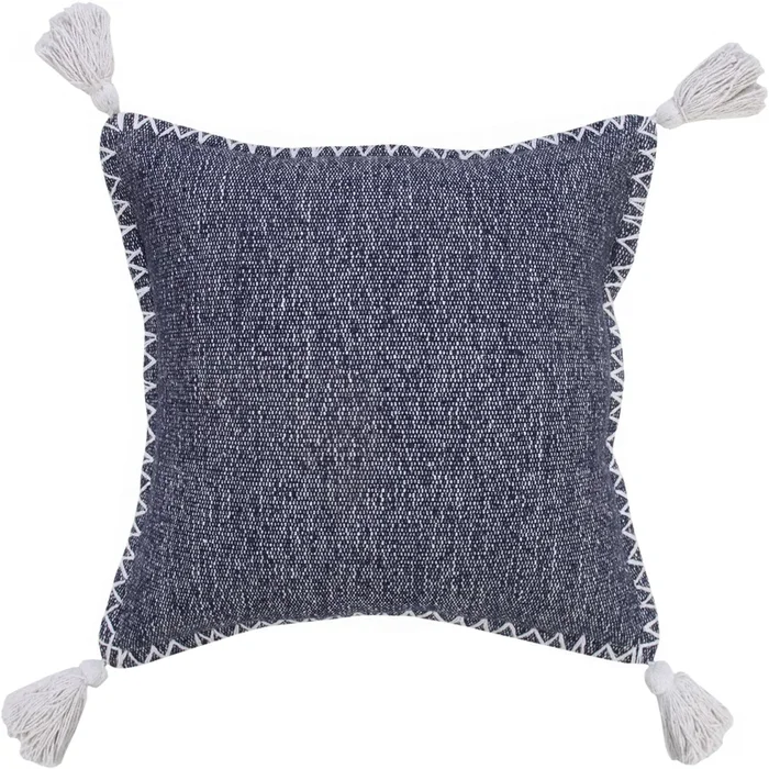 20″ Blue and White Stonewash Embroidered Edge Square Throw Pillow with Tassels