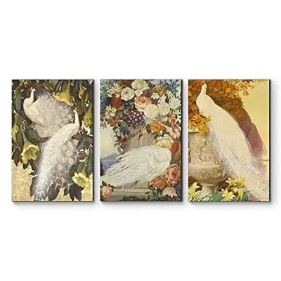 3 Panel Canvas Wall Art – Decorative White Peacock Canvas Art Set – Giclee Print Gallery Wrap Modern Home Art Ready to Hang – 16