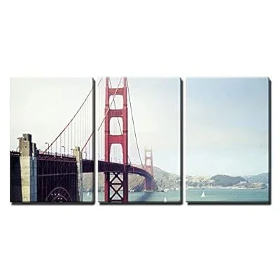 3 Piece Canvas Wall Art – Golden Gate Bridge in San Francisco California – Modern Home Art Stretched and Framed Ready to Hang – 16