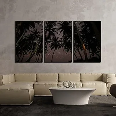 3 Piece Canvas Wall Art – Palm Trees Under Starry Sky – Modern Home Art Stretched and Framed Ready to Hang – 24