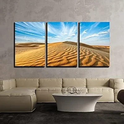 3 Piece Canvas Wall Art – Panorama of Dunes of Thar Desert. Sam Sand Dunes, Rajasthan, India – Modern Home Art Stretched and Framed Ready to Hang – 24