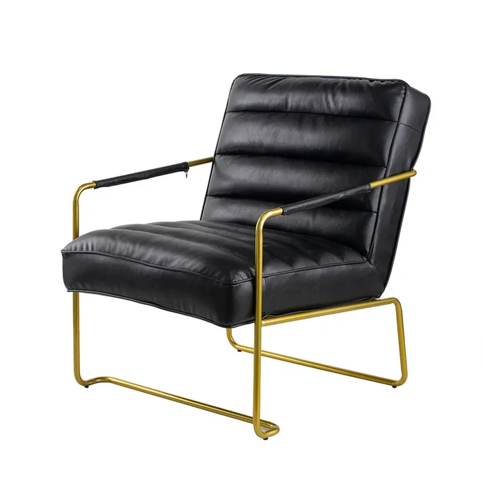 30 Inch Accent Chair, Gold Iron Frame, Channel Tufted Black Faux Leather