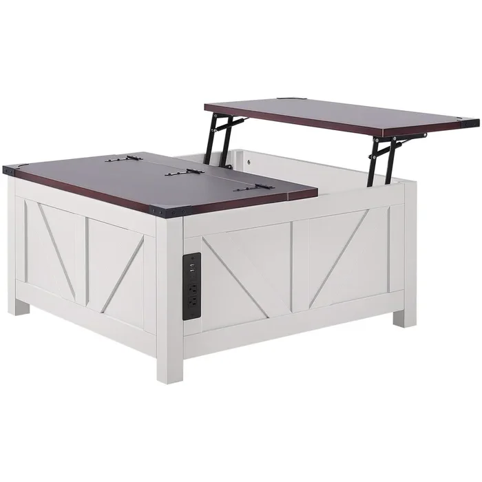 36 Farmhouse Coffee Table Hinged Lift Top Square Table with Power Strip
