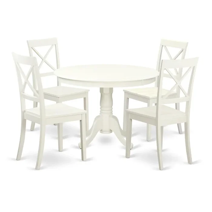 5 Pc set with a Round Dinette Table and 4 Wood Dinette Chairs in Linen White