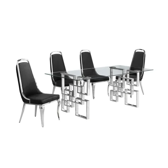 5-piece glam dining set with 4 Black side chairs and one 79″L glass dining table