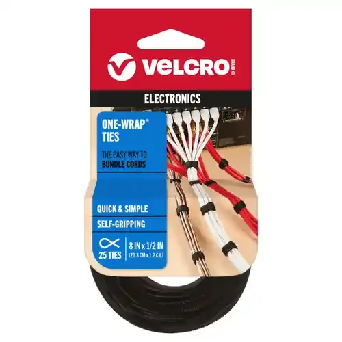 6 Pack – VELCRO(R) Brand ONE-WRAP(R) Thin Ties 8″X.5″ 25/Pkg-Black – 90927