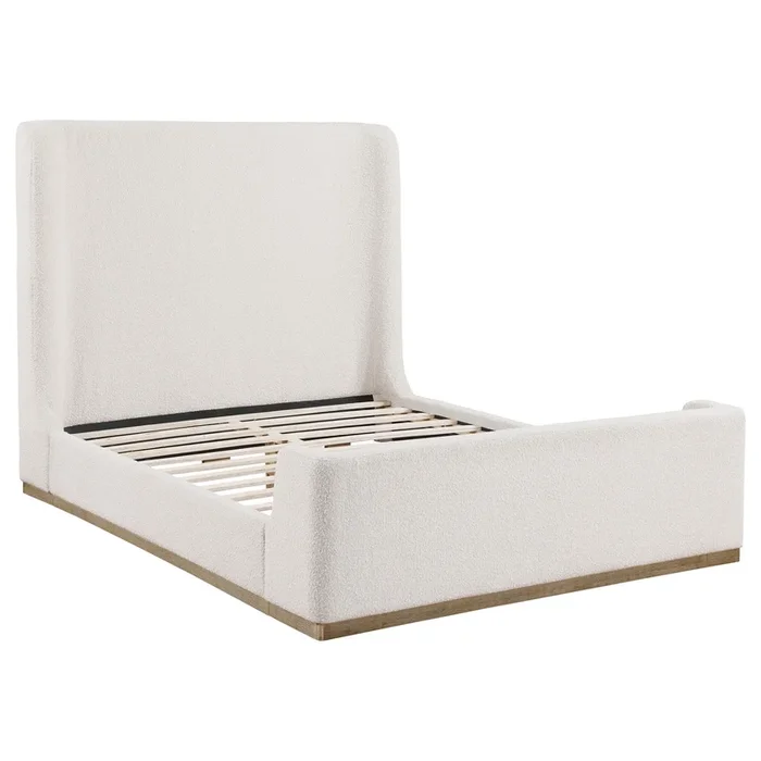 Ale Queen Size Platform Bed, Round Wingback Headboard, Ivory Upholstery – Benzara