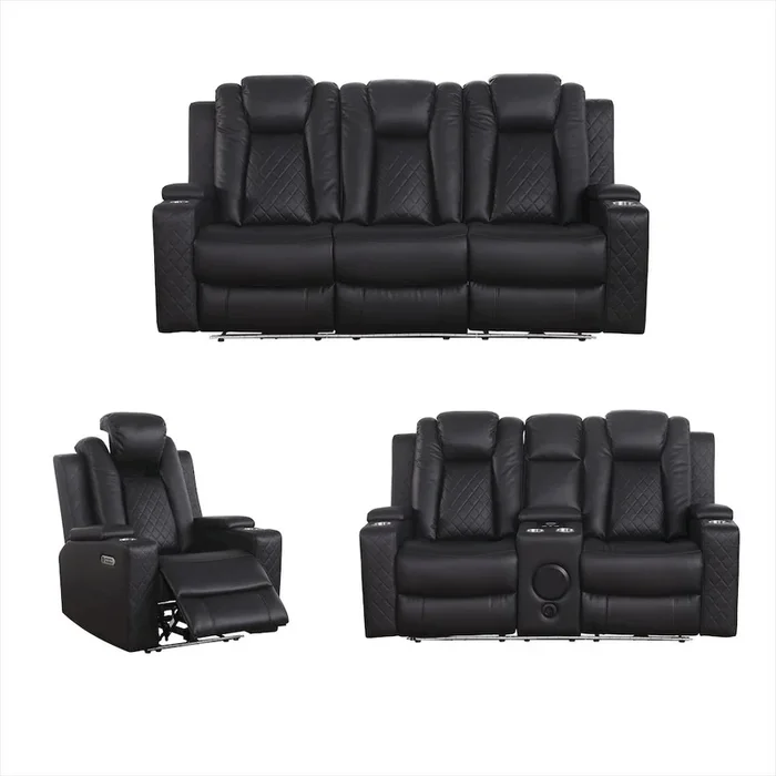 Alexent Braden Leather Power Reclining Sofa Set w/ Speaker & adjustable Headrest Black