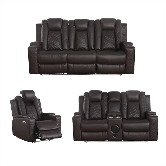 Alexent Braden Leather Power Reclining Sofa Set w/ Speaker & adjustable Headrest Brown