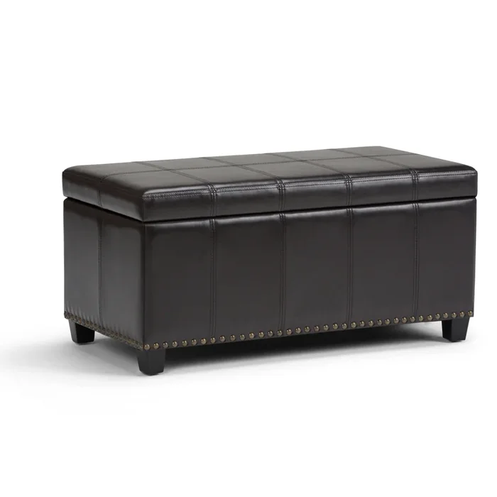 Amelia 34 inch Wide Transitional Rectangle Storage Ottoman Bench in Tanners Brown Faux Leather