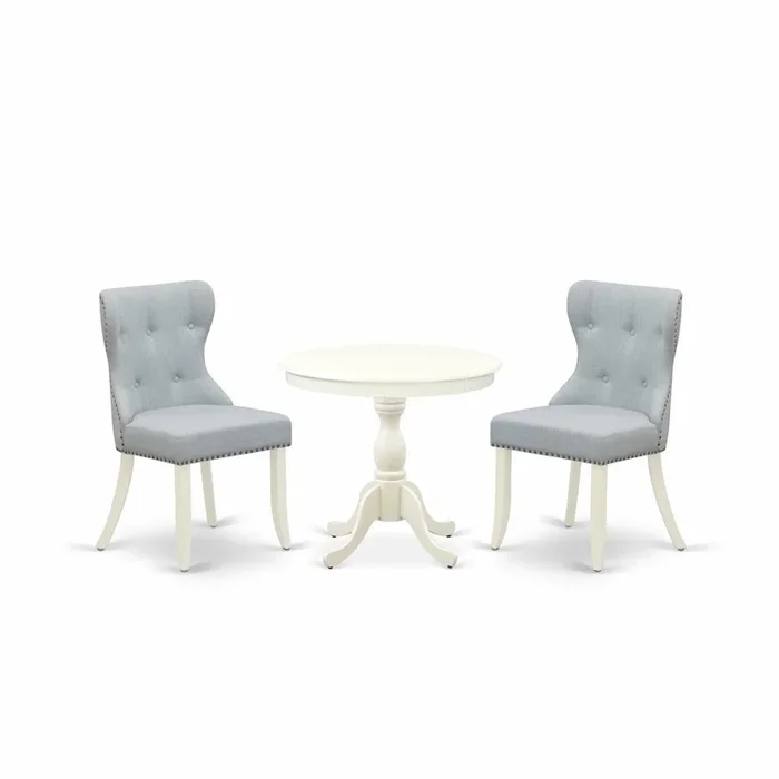 AMSI3-LWH-15 3 Piece Dining Table Set – 1 Pedestal Table and 2 Baby Blue parson chairs – Linen White Finish