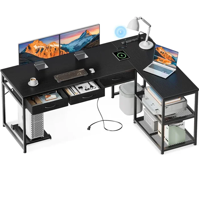 AODK 61 Inch L Shaped Computer Desk with Drawers, Corner Desk with Power Outlets & Reversible Storage Shelves, Movable CPU Stand