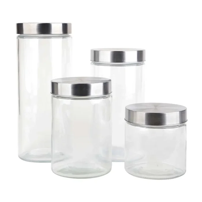 At Home Set Of 4 Glass Canister With Metal Lid Clear
