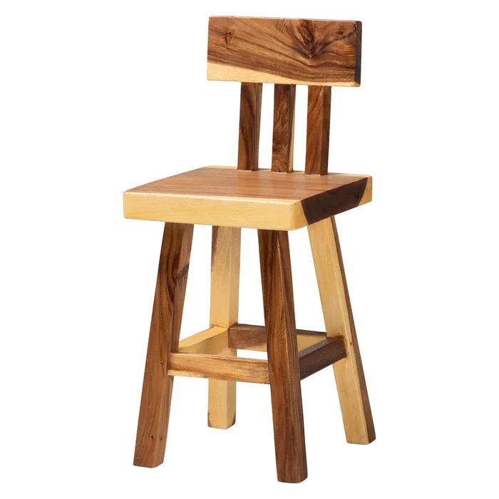 bali & pari Luli Suar Wood Counter Stool – Handcrafted Solid Wood Stool with Backrest, Rustic Modern Seating for Kitchen Island or Dining Area