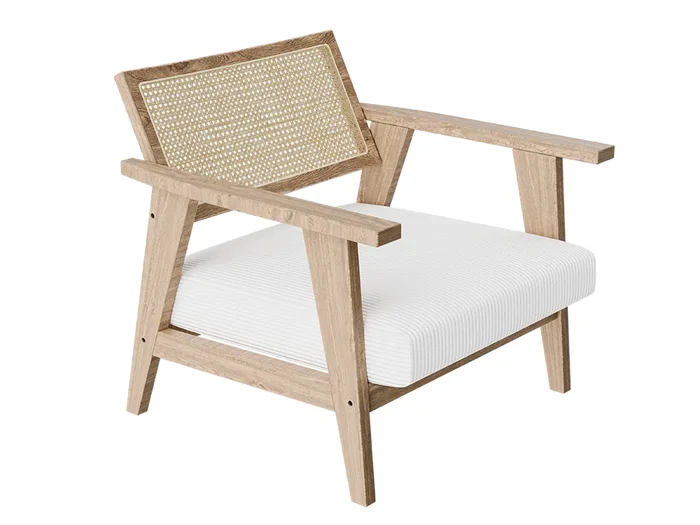 BELLEZE Mid-Century Modern Cane Back Accent Chair, Natural Wood Armchair with Upholstered Seat, Boho Lounge Chair for Living Room, Bedroom, or Office, Comfortable Padded Seat with Minimalist Design