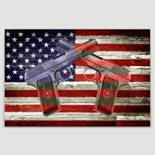 Canvas Wall Art – Two Hand Guns on American Flag Background – Gallery Wrap Modern Home Art | Ready to Hang – 24×36 inches