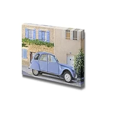 Classic French Provincial Village Scene Featuring Blue Car and Old Buildings with Shutters – Canvas Art Wall Art – 16