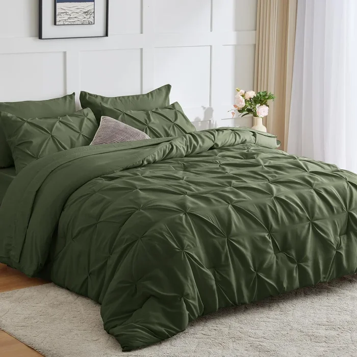 CozyLux Queen Comforter Set – 7 Pieces Bed in a Bag Olive Green, Pintuck Comforters Pinch Pleat Bedding Sets with All Season Com