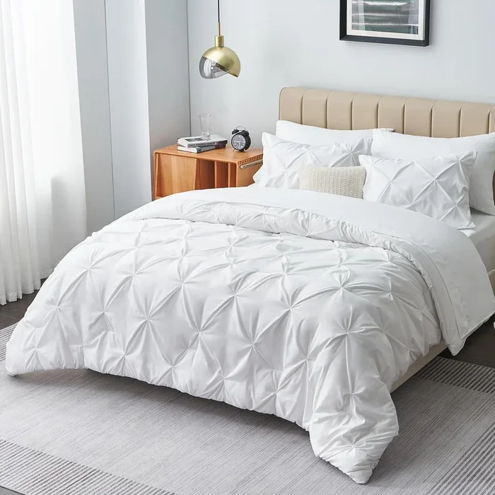 CozyLux Queen Comforter Set – 7 Pieces Comforters Queen Size White, Pintuck Bed in A Bag Pinch Pleat Complete Bedding Sets with