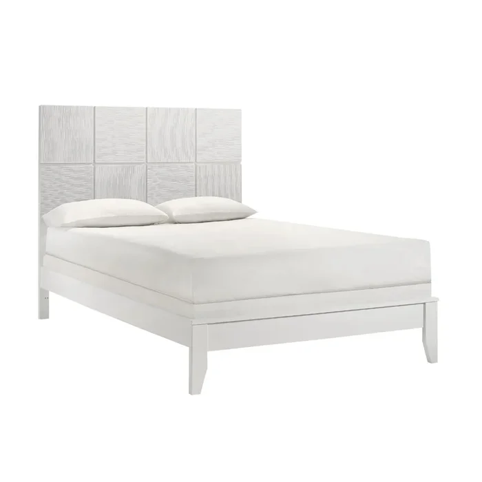 Deny King Size Bed w Grid Pattern Headboard, Tapered Front Legs, White