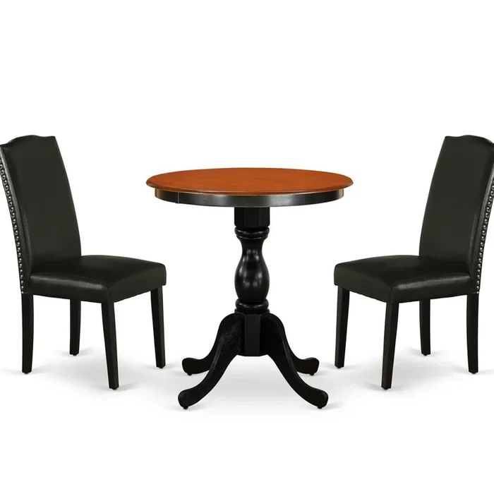 East West Furniture 3-Piece Modern Table Set Contains a Modern Kitchen Table and 2 Black PU Leather Upholstered Chairs with Stylish High Back – Black Finish