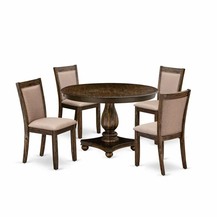 East West Furniture 5 Piece Dinner Table Set Includes a Kitchen Table and 4 Dark Khaki Linen Fabric Upholstered Dining Chairs with High Back – Distressed Jacobean Finish