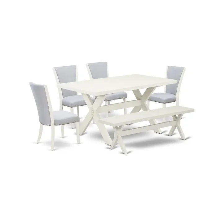 East West Furniture 6 Piece Dining Set – Linen White Rectangular Table, 1 Modern Bench, and 4 Grey Linen Fabric Parson Chairs with Nailheads – Wirebrushed Linen White Finish
