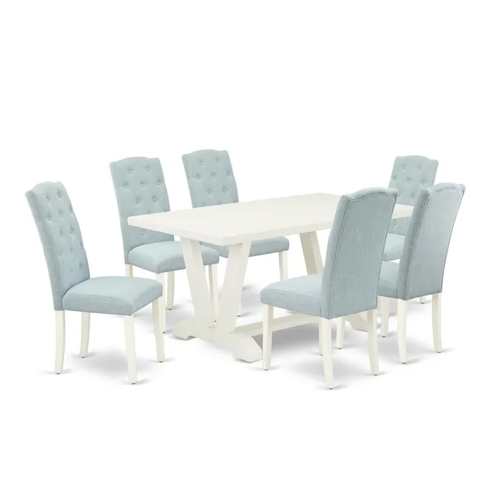 East West Furniture 7-Piece Dining Table Set- 6 Kitchen Chairs with Baby Blue Linen Fabric Seat and Button Tufted Chair Back – Rectangular Table Top & Wooden Legs – Linen White and Linen White Finish