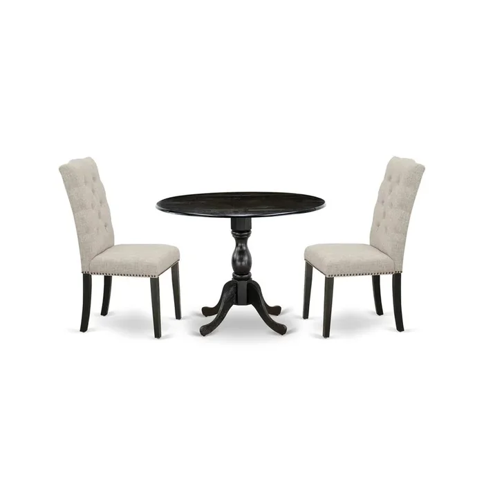 East West Furniture DMEL3-ABK-35 3 Piece Wood Dining Table Set Includes 1 Drop Leaves Dining Table and 2 Doeskin Linen Fabric Dining Room Chair with High Back – Wire Brushed Black Finish