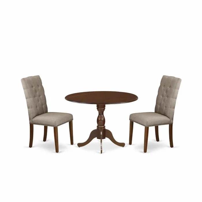 East West Furniture DMEL3-MAH-16 3 Piece Dining Table Set Consists of 1 Drop Leaves Dining Table and 2 Dark Khaki Linen Fabric Parson Chairs Button Tufted Back with Nail Heads – Mahogany Finish