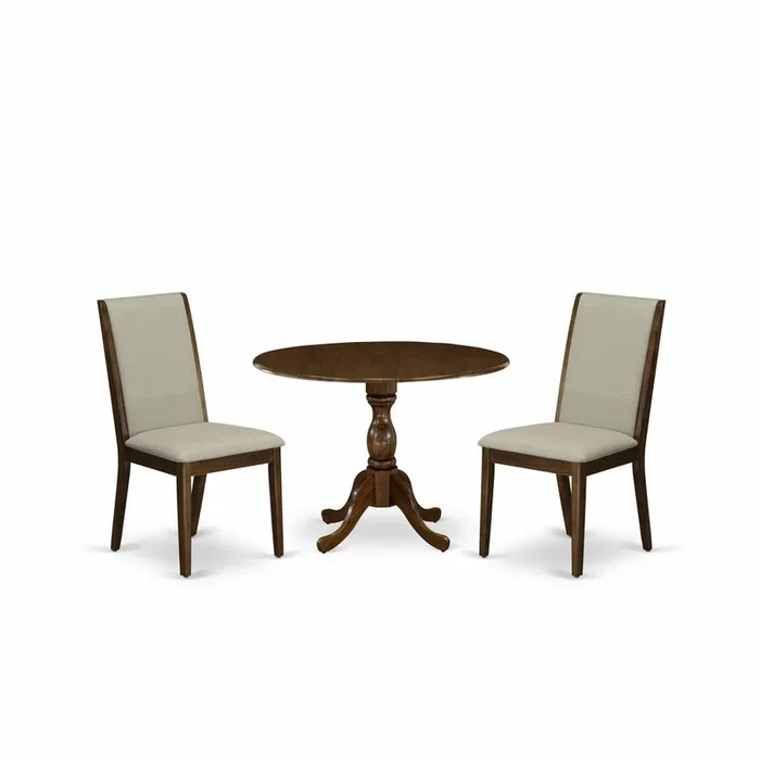 East West Furniture DMLA3-AWA-05 3 Piece Modern Dining Table Set Contains 1 Drop Leaves Dining Room Table and 2 Grey Linen Fabric Upholstered Chair with High Back – Acacia Walnut Finish