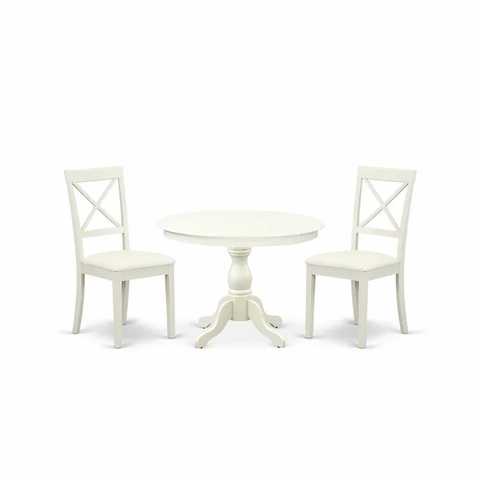 East West Furniture HBBO3-LWH-C 3 Piece Dining Room Set – Linen White Wood Table and 2 Linen White Faux Leather Dining Room Chairs with X-Back – Linen White Finish