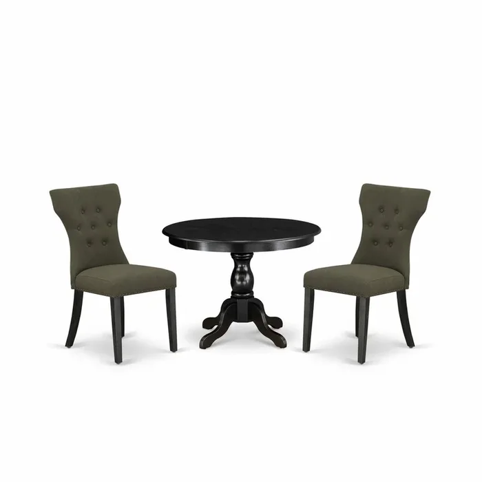 East West Furniture HBGA3-ABK-50 3 Piece Dining Table Set – Black Wood Table and 2 Dark Gotham Grey Linen Fabric Dining Chairs Button Tufted Back with Nail Heads – Wire Brushed Black Finish