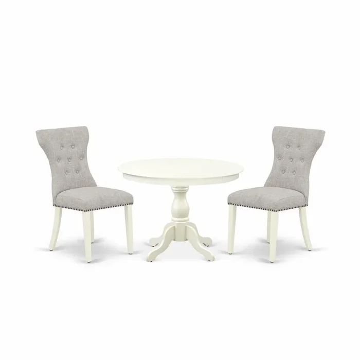East West Furniture HBGA3-LWH-35 3 Piece Table Set – Linen White dinner Table and 2 Doeskin Linen Fabric Kitchen Chairs Button Tufted Back with Nail Heads – Linen White Finish