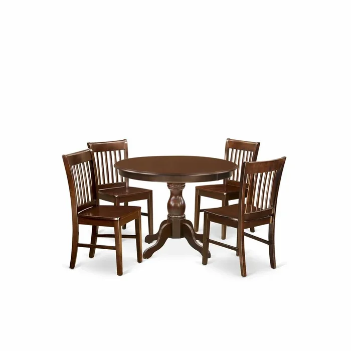 East West Furniture HBNF5-MAH-W 5 Piece Dining Set – Dining Table and 4 Mahogany Wooden Dining Room Chairs Button Tufted Back with Nail Heads – Mahogany Finish