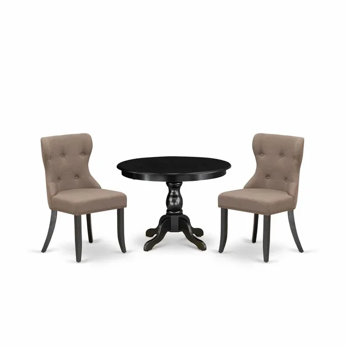 East West Furniture HBSI3-ABK-48 3 Piece Dining Table Set – Black Wood Dining Table and 2 Coffee Linen Fabric Kitchen Chairs Button Tufted Back with Nail Heads – Wire Brushed Black Finish