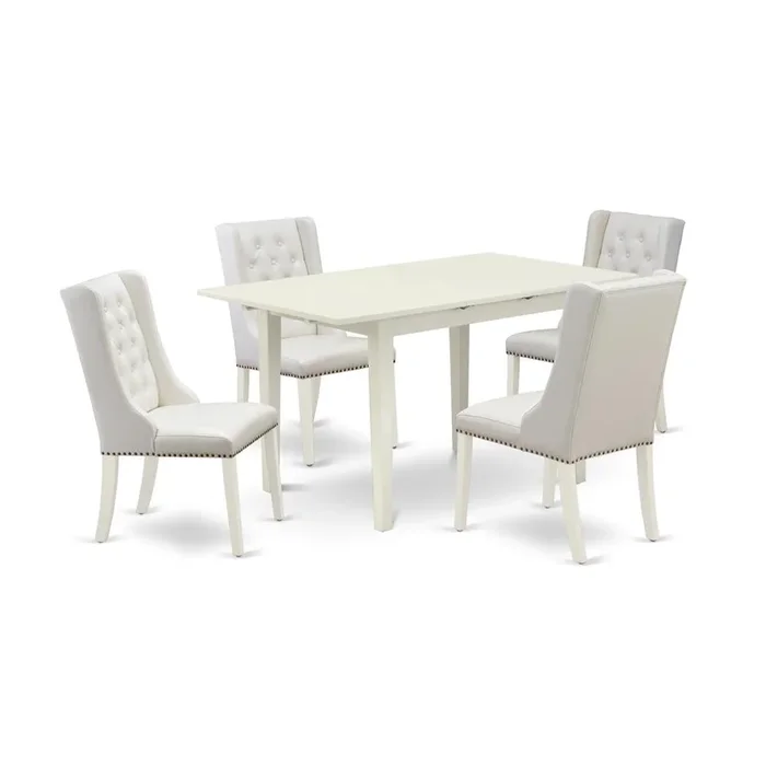 East West Furniture NFFO5-LWH-44 5-Piece Dinette Set Includes 1 Butterfly Leaf Dining Table and 4 Light Grey Linen Fabric Parson Chairs with Button Tufted Back – Linen White Finish